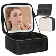 KIPOZI Makeup Bag with LED Lighted Mirror, Cosmetic Bag with Adjustable Dividers, Makeup Train Case with Mirror,Black