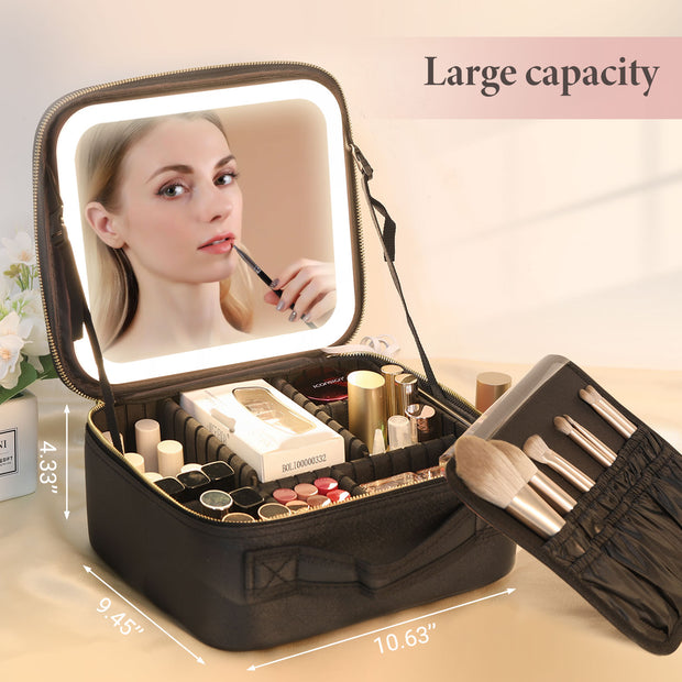 KIPOZI Makeup Bag with LED Lighted Mirror, Cosmetic Bag with Adjustable Dividers, Makeup Train Case with Mirror,Black
