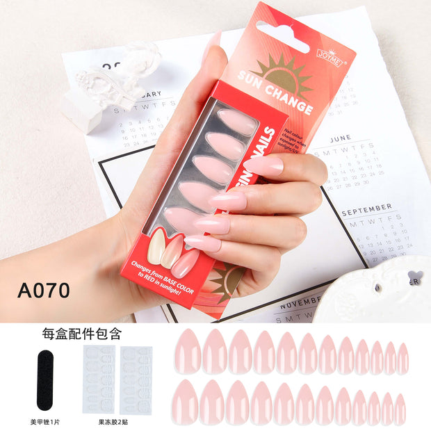KIPOZI Color Changing Press on Nails, Almond Sun Change Fake Nails With Ultraviolet Light Color Change, Medium Press On False Nail, 24 Pcs